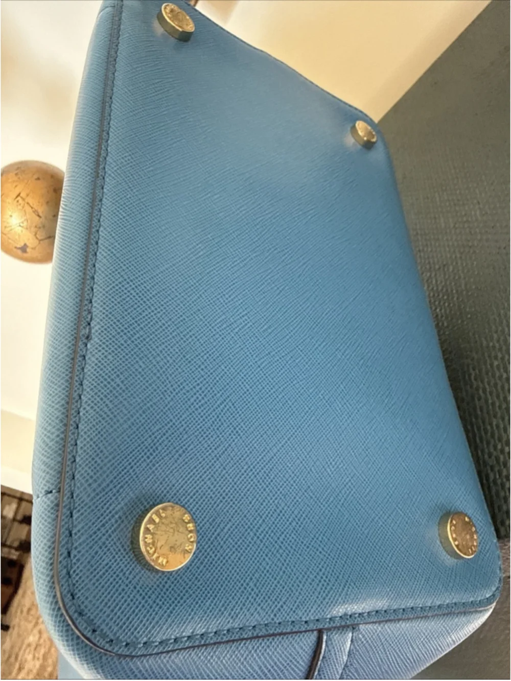 Michael Kors Greenwich Large Saffiano Leather Grab Bag Blue Gold Hardware